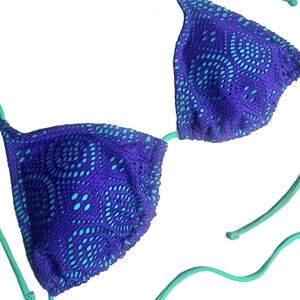 🟣 Ocean Pacific Purple Lace Over Turquoise Teal String Bikini Top Small